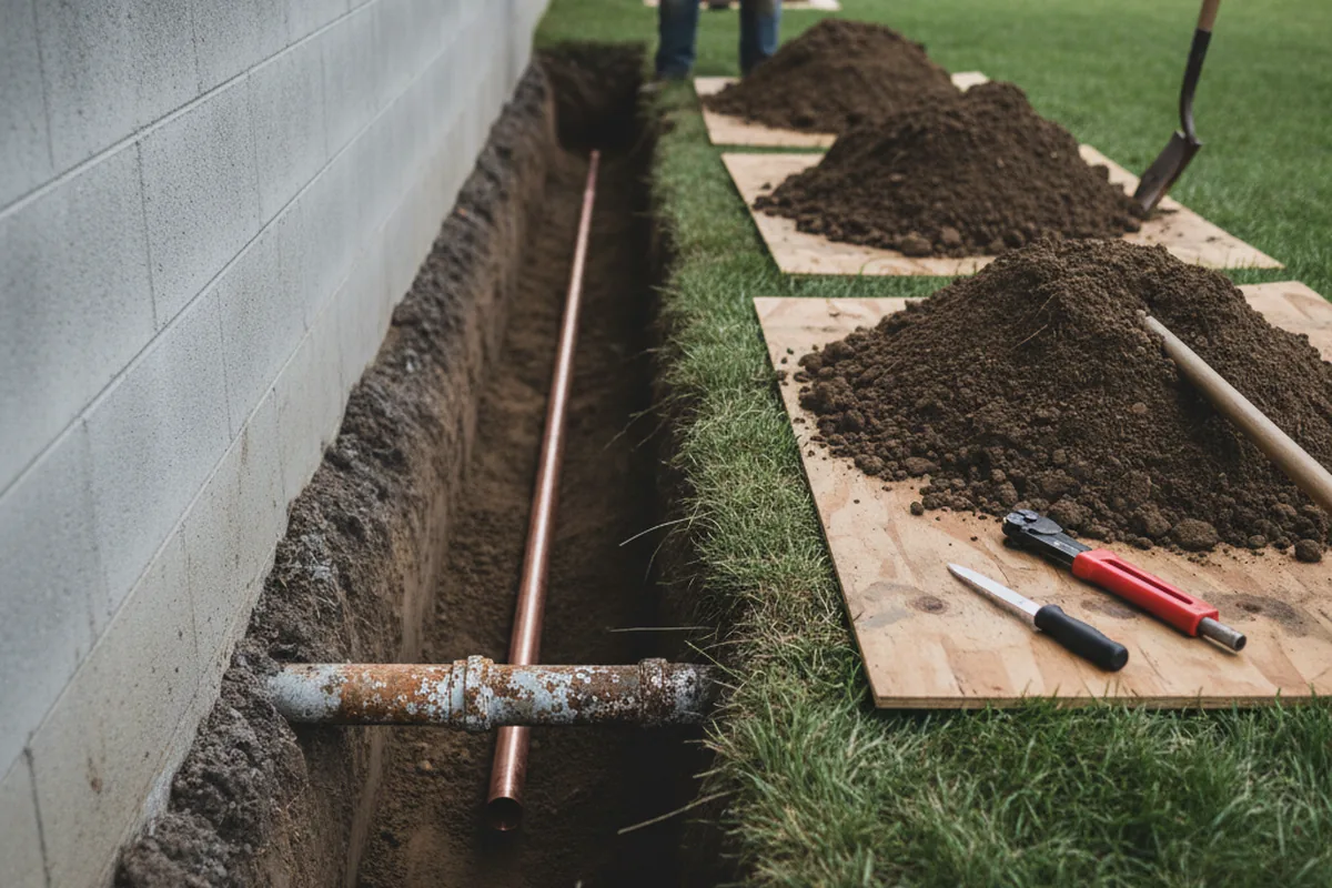Excavated water line trench during Water Softener Installation in Coosada